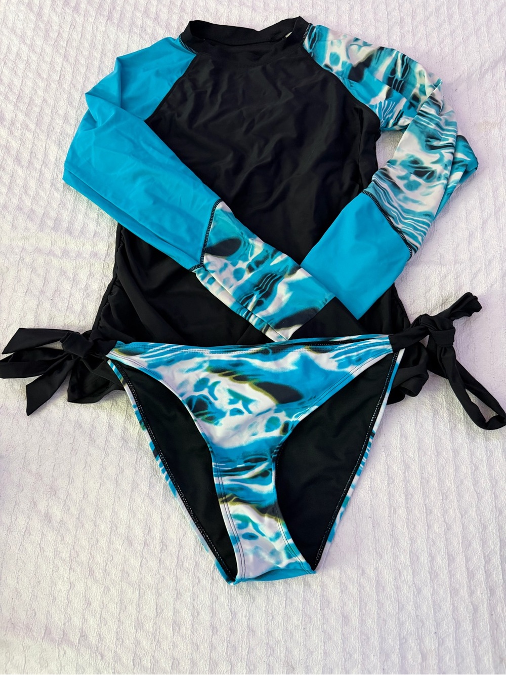 Blue + Black Abstract Longsleeve Rash Guard and Bikini Bottom Swim Set 2pc | L